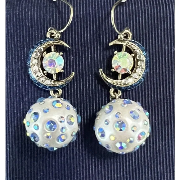 Signed Betsey Johnson Celestial Moon Blue Aurora Borealis Rhinestone Earrings - Picture 1 of 8